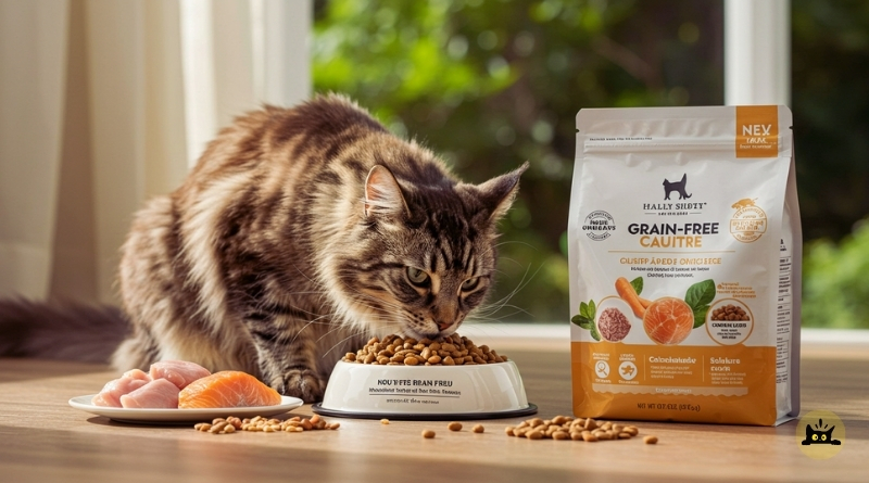 Cat food nutrition display illustrating both grain-free and grain-inclusive benefits for smart diets