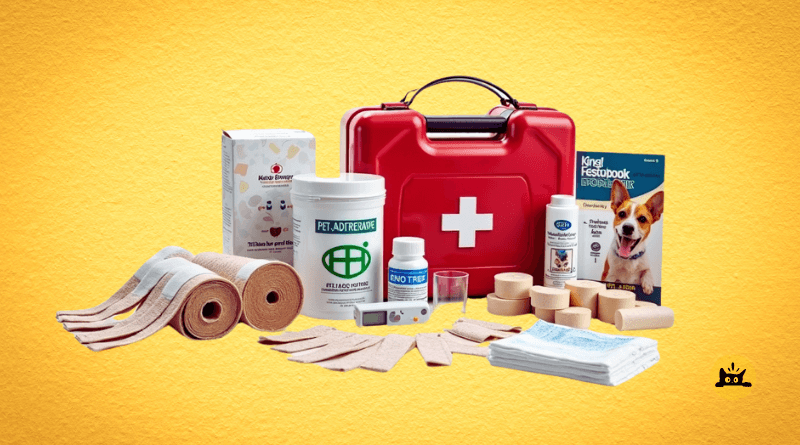 Pet emergency kit laid out with bandages, thermometer, and first aid supplies.