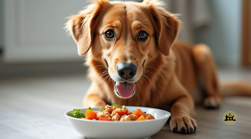 This image shows a cheerful dog eating a nutritious meal