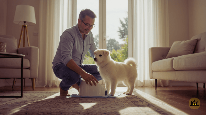 Picture shows a puppy getting doggy toilet training