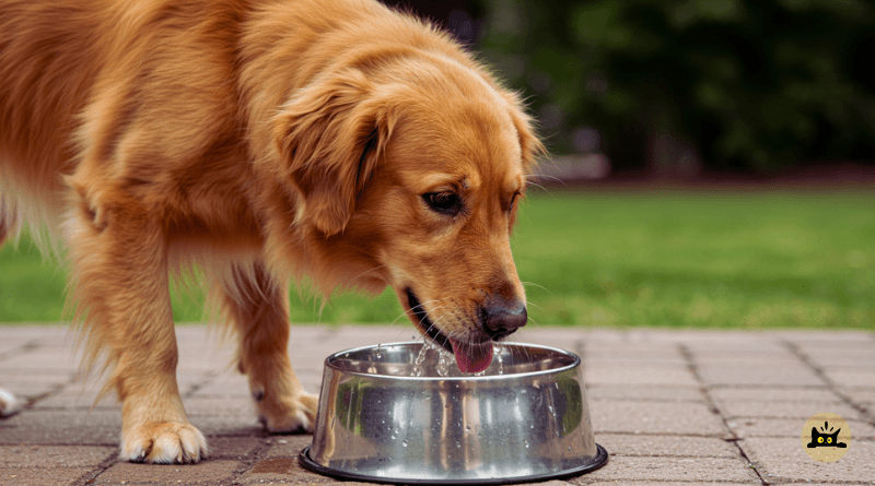 Golden retriever happily drinking fresh water
