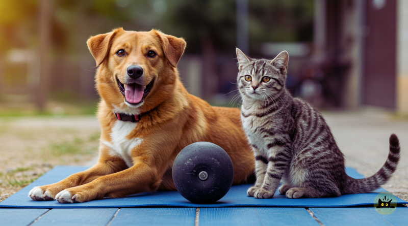 Dog and cat on scale with measuring cups for pet weight loss plan